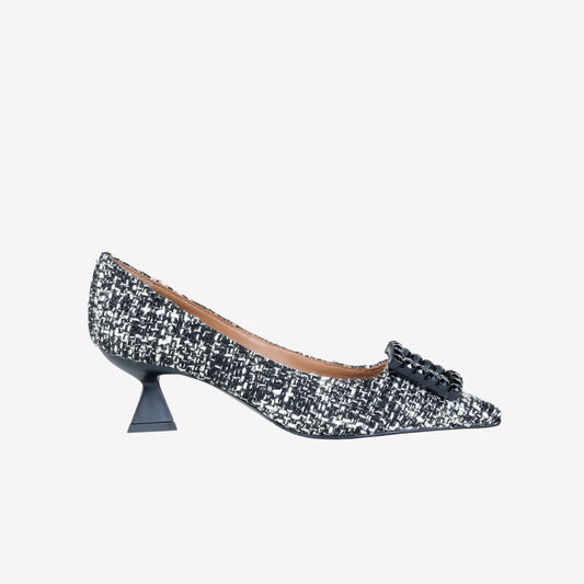 DECOLLETE’ IN TESSUTO TWEED CON FIBBIA QUADRA CRISTALLI EVILLY - Bianco e nero | Roberto Festa