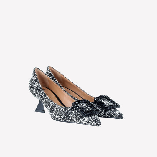 DECOLLETE’ IN TESSUTO TWEED CON FIBBIA QUADRA CRISTALLI EVILLY - Bianco e nero | Roberto Festa