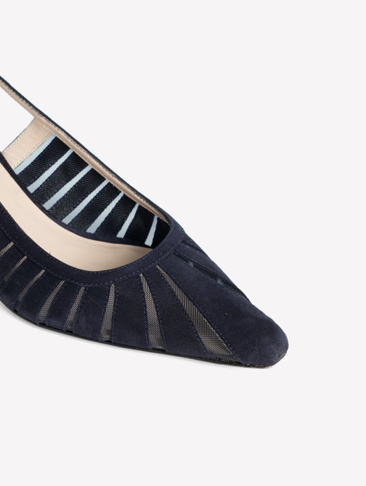 SLINGBACK IN CAMOSCIO BLU NAVY CON LAVORAZIONE LASERATA E TULLE FENICE - blu | Roberto Festa