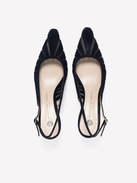 SLINGBACK IN CAMOSCIO BLU NAVY CON LAVORAZIONE LASERATA E TULLE FENICE - blu | Roberto Festa