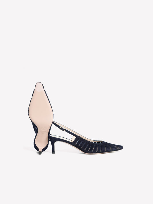 SLINGBACK IN CAMOSCIO BLU NAVY CON LAVORAZIONE LASERATA E TULLE FENICE - blu | Roberto Festa