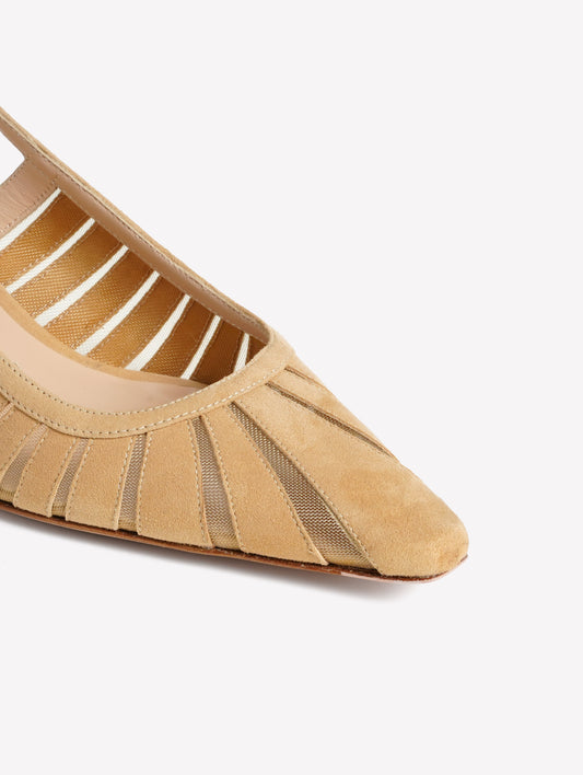 SLINGBACK IN CAMOSCIO BEIGE CON LAVORAZIONE LASERATA E TULLE FENICE - Beige | Roberto Festa