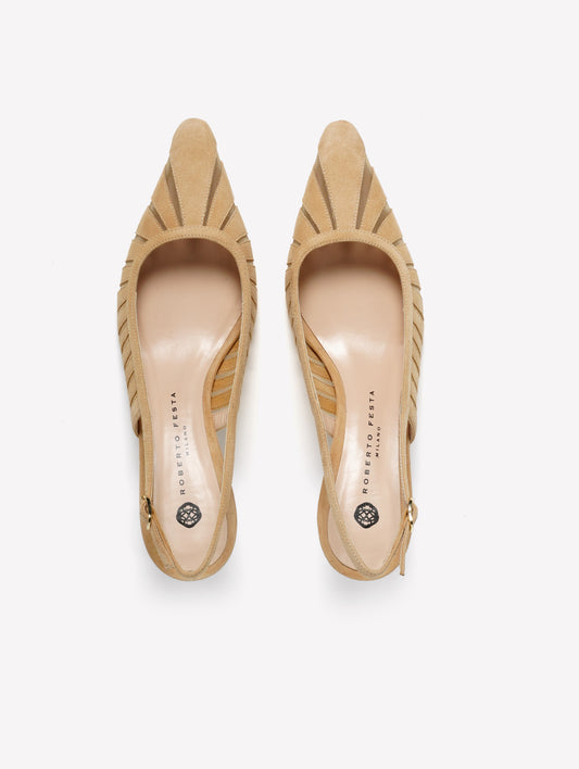 SLINGBACK IN CAMOSCIO BEIGE CON LAVORAZIONE LASERATA E TULLE FENICE - Beige | Roberto Festa