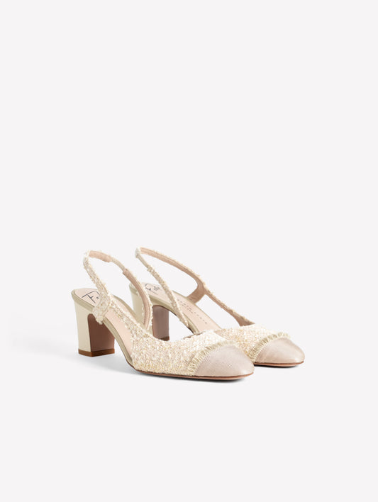 SLINGBACK IN TWEED AVORIO CON PUNTINA SFRANGIATA E TACCO MEDIO FICUS - Scarpe Donna: Calzature eleganti