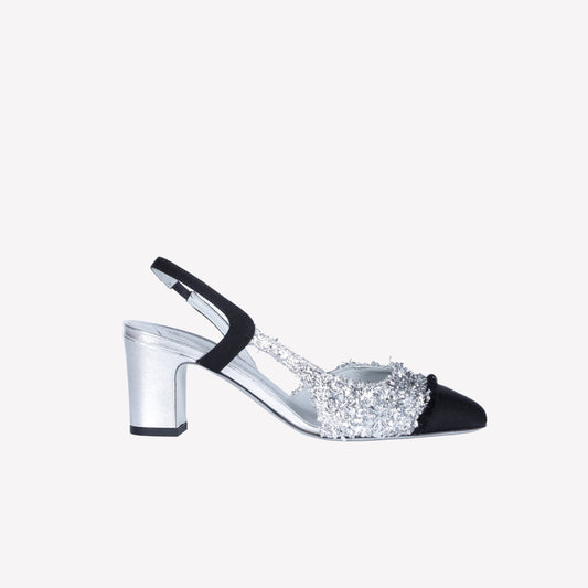 SLINGBACK IN TESSUTO LUREX SILVER FICUS - Prodotti | Roberto Festa