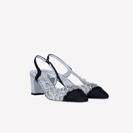 SLINGBACK IN TESSUTO LUREX SILVER FICUS - Prodotti | Roberto Festa