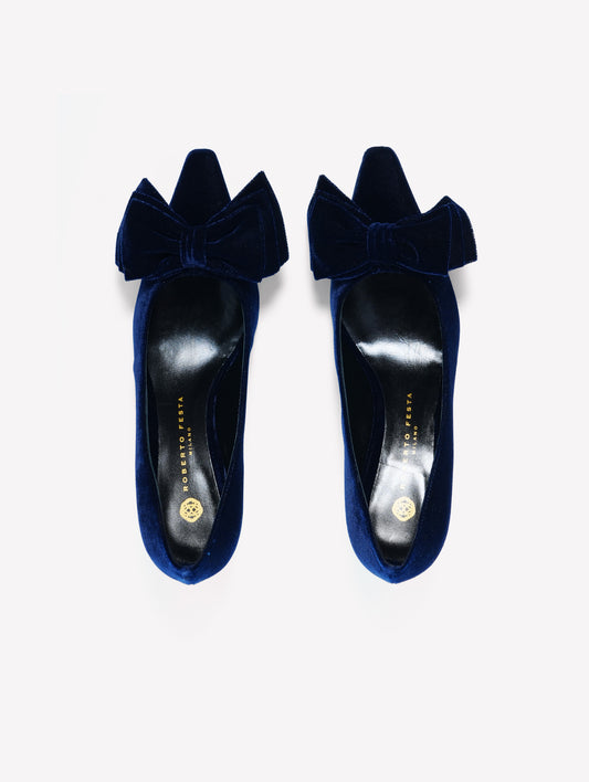 DÉCOLLETÉ IN VELLUTO NAVY CON FIOCCO E TACCO MEDIO FLOWY - Blu navy | Roberto Festa