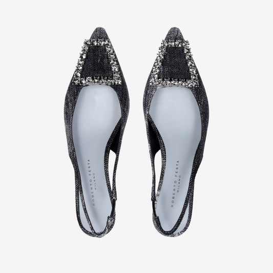 SLINGBACK IN JEANS VINTAGE NERO CON FIBBIA IN CRISTALLI FUTURA - Nero | Roberto Festa