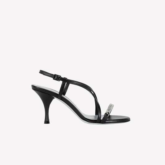 SANDALO IN PELLE NERA CON INCROCIO E CATENINA DI CRISTALLI HYDEN LUX - Scarpe da Cerimonia | Roberto Festa