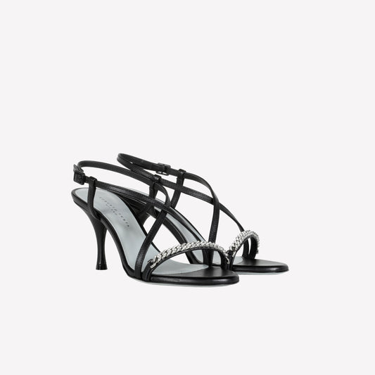 SANDALO IN PELLE NERA CON INCROCIO E CATENINA DI CRISTALLI HYDEN LUX - Scarpe da Cerimonia | Roberto Festa