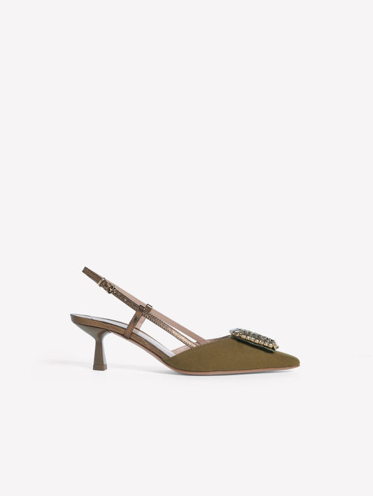SLINGBACK IN TESSUTO CANVAS MILITARE CON ACCESSORIO QUADRATO DI STRASS E TACCO BASSO INGRID - Scarpe Donna: Calzature eleganti