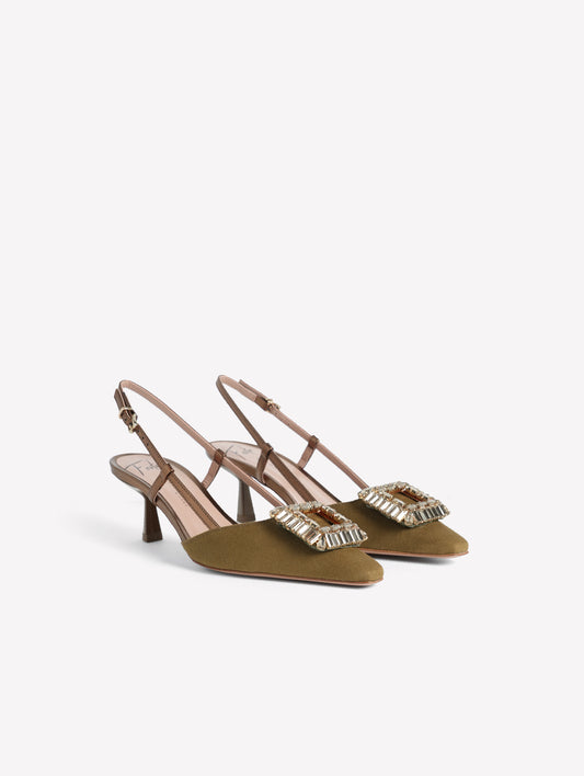 SLINGBACK IN TESSUTO CANVAS MILITARE CON ACCESSORIO QUADRATO DI STRASS E TACCO BASSO INGRID - Scarpe Donna: Calzature eleganti
