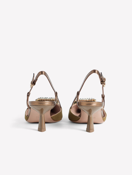 SLINGBACK IN TESSUTO CANVAS MILITARE CON ACCESSORIO QUADRATO DI STRASS E TACCO BASSO INGRID - Miltare | Roberto Festa
