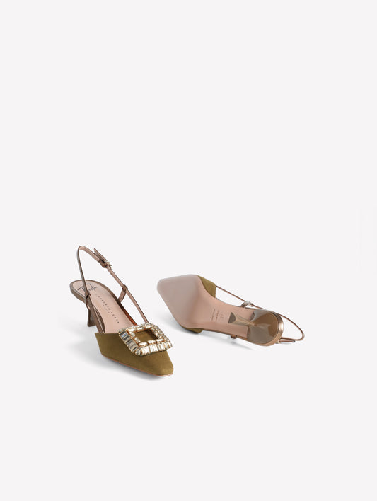 SLINGBACK IN TESSUTO CANVAS MILITARE CON ACCESSORIO QUADRATO DI STRASS E TACCO BASSO INGRID - Miltare | Roberto Festa