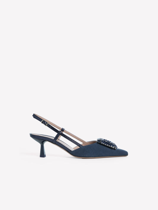 SLINGBACK IN TESSUTO CANVAS BLU NAVY CON ACCESSORIO QUADRATO DI STRASS E TACCO BASSO INGRID - Scarpe Donna: Calzature eleganti