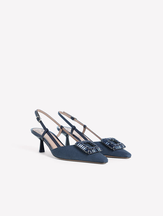 SLINGBACK IN TESSUTO CANVAS BLU NAVY CON ACCESSORIO QUADRATO DI STRASS E TACCO BASSO INGRID - Scarpe Donna: Calzature eleganti