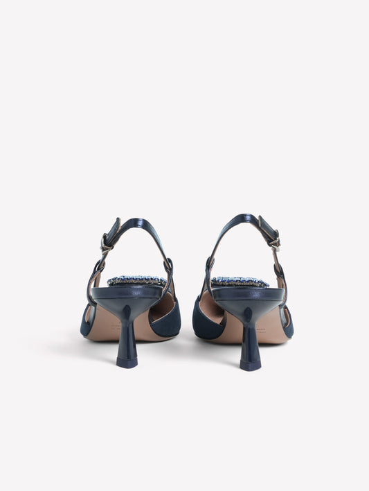 SLINGBACK IN TESSUTO CANVAS BLU NAVY CON ACCESSORIO QUADRATO DI STRASS E TACCO BASSO INGRID - Blu | Roberto Festa