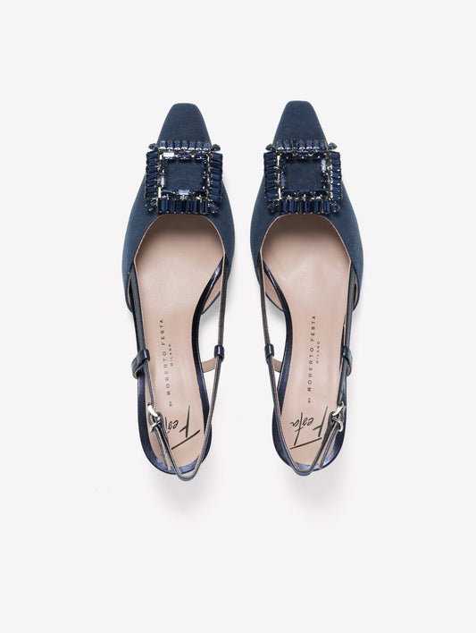 SLINGBACK IN TESSUTO CANVAS BLU NAVY CON ACCESSORIO QUADRATO DI STRASS E TACCO BASSO INGRID - Blu | Roberto Festa