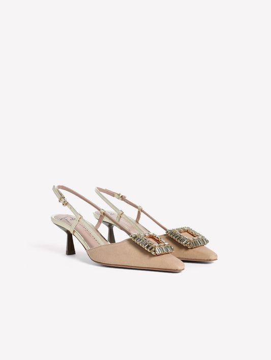 SLINGBACK IN TESSUTO CANVAS BEIGE CON ACCESSORIO QUADRATO DI STRASS E TACCO BASSO INGRID - Beige | Roberto Festa
