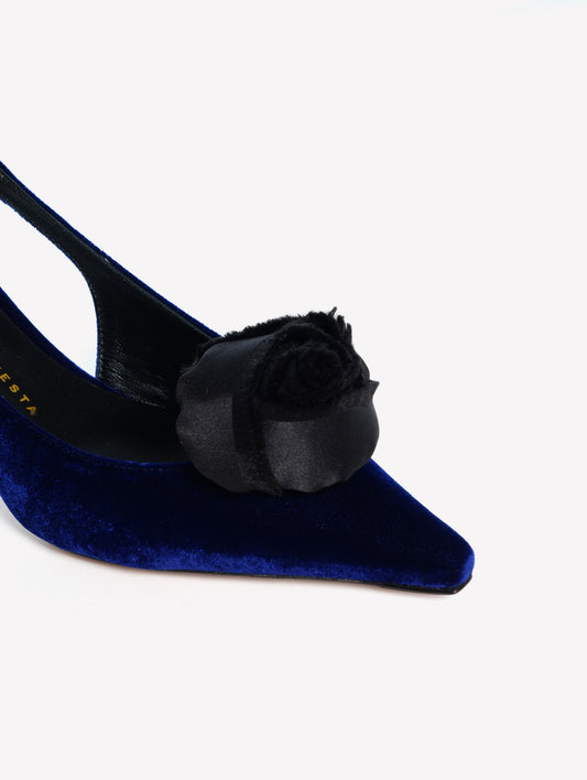 SLINGBACK IN VELLUTO BLU CON FIORE IN RASO E TACCO MEDIO ISTYNIA - Blu | Roberto Festa