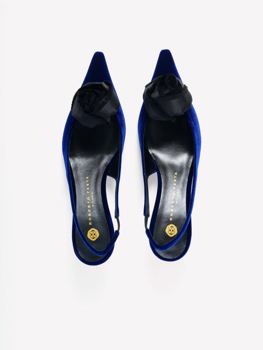 SLINGBACK IN VELLUTO BLU CON FIORE IN RASO E TACCO MEDIO ISTYNIA - Blu | Roberto Festa