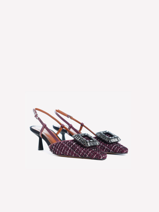 SLINGBACK IN TWEED BORDEAUX CON PAILLETTES E FIBBIA STRASS JULIEN - Bordeaux | Roberto Festa