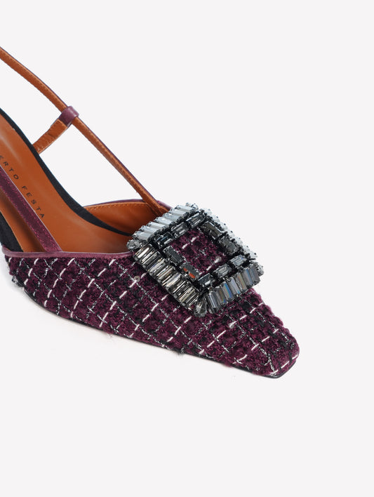 SLINGBACK IN TWEED BORDEAUX CON PAILLETTES E FIBBIA STRASS JULIEN - Bordeaux | Roberto Festa