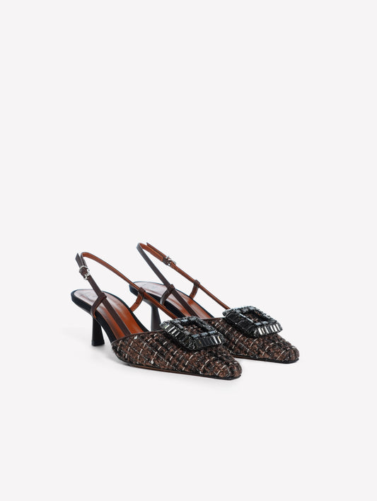 SLINGBACK IN TWEED TAUPE NERO BIANCO CON PAILLETTES E FIBBIA STRASS JULIEN - Taupe/Nero/Bianco | Roberto Festa
