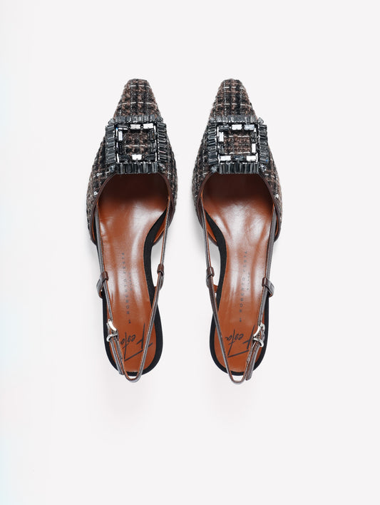 SLINGBACK IN TWEED TAUPE NERO BIANCO CON PAILLETTES E FIBBIA STRASS JULIEN - Taupe/Nero/Bianco | Roberto Festa