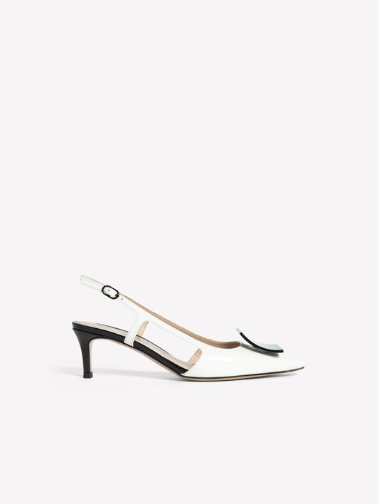 SLINGBACK IN VERNICE COLOR BIANCO  CON ACCESSORIO QUADRATO NERO KIMERA - Scarpe Donna: Calzature eleganti