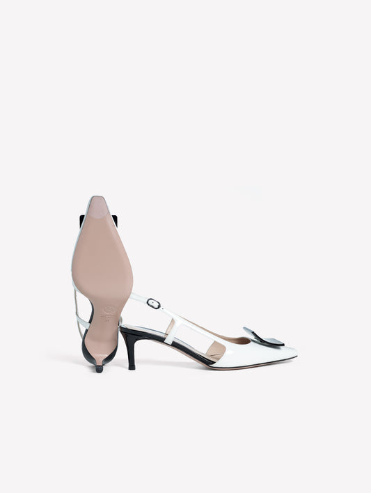 SLINGBACK IN VERNICE COLOR BIANCO  CON ACCESSORIO QUADRATO NERO KIMERA - Bianco | Roberto Festa
