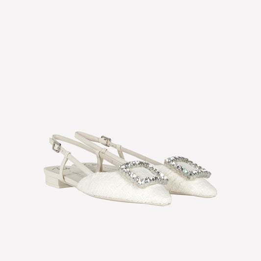 SLINGBACK IN TWEED CREAM CON FIBBIA IN CRISTALLO LAVANDA - Scarpe da Cerimonia | Roberto Festa
