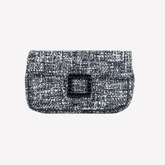 BORSA A SPALLA IN TESSUTO CHICCO DI RISO BIANCO NERO CON ACCESSORIO FIBBIA QUADRA CON CRISTALLI LUNETTE - Bianco e nero | Roberto Festa