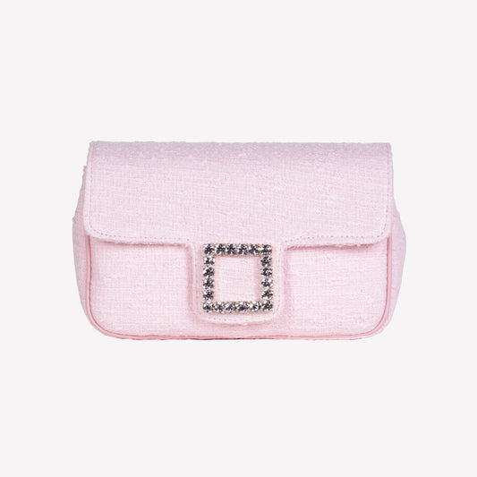 BORSA FLAP A SPALLA IN TWEED COLOR PEONIA CON ACCESSORIO DI CRISTALLI LUNETTE - Prodotti | Roberto Festa