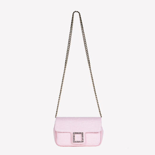 BORSA FLAP A SPALLA IN TWEED COLOR PEONIA CON ACCESSORIO DI CRISTALLI LUNETTE - Prodotti | Roberto Festa
