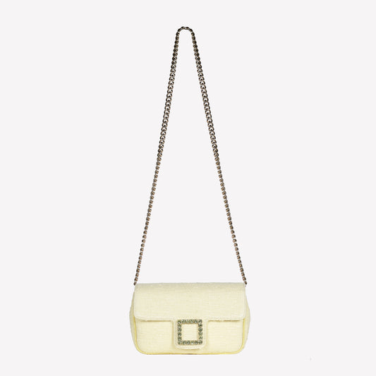 BORSA FLAP A SPALLA IN TWEED COLOR MIMOSA CON ACCESSORIO DI CRISTALLI LUNETTE - Mix & Match | Roberto Festa