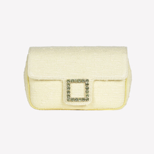 BORSA FLAP A SPALLA IN TWEED COLOR MIMOSA CON ACCESSORIO DI CRISTALLI LUNETTE - Mix & Match | Roberto Festa