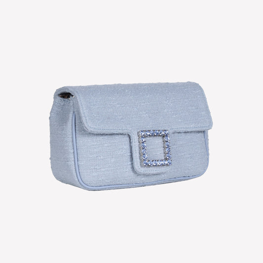 BORSA FLAP A SPALLA IN TWEED COLOR CELESTE CON ACCESSORIO DI CRISTALLI LUNETTE - Celeste | Roberto Festa