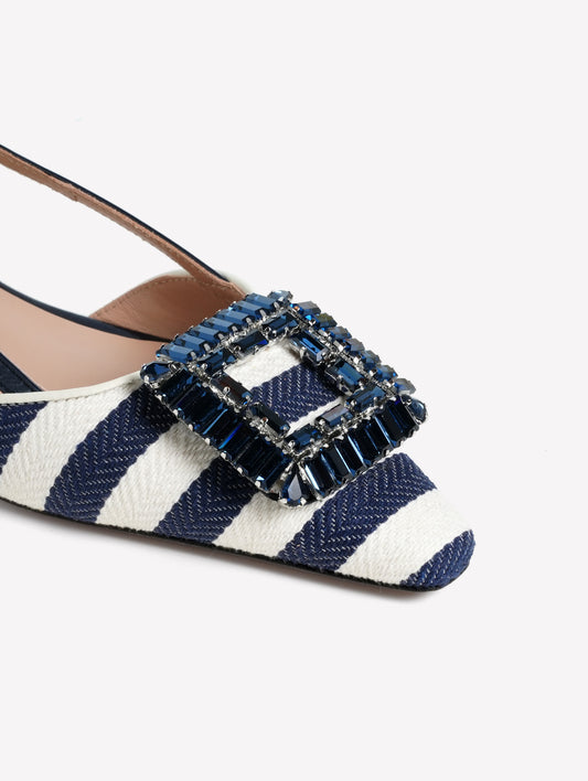 SLINGBACK IN TESSUTO RIGATO BIANCO E BLU CON ACCESSORIO QUADRATO MIMMA - Blu | Roberto Festa