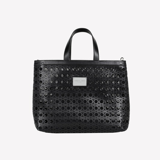 BORSA A SPALLA IN PELLE COLOR NERO CON LAVORAZIONE CUT-OUT E TULLE MIRTE - Prodotti | Roberto Festa