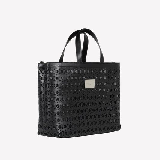 BORSA A SPALLA IN PELLE COLOR NERO CON LAVORAZIONE CUT-OUT E TULLE MIRTE - Prodotti | Roberto Festa