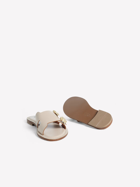 SANDALO FLAT IN PELLE COLOR BURRO CON DOPPIA FIBBIA TONDA NAISA - Beige | Roberto Festa