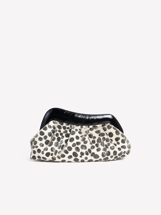 POUCH IN PELLE LASERATA CON STAMPA A POIS BIANCO E NERO CON CORNICE IN PELLE NAYARA - Scarpe Donna: Calzature eleganti