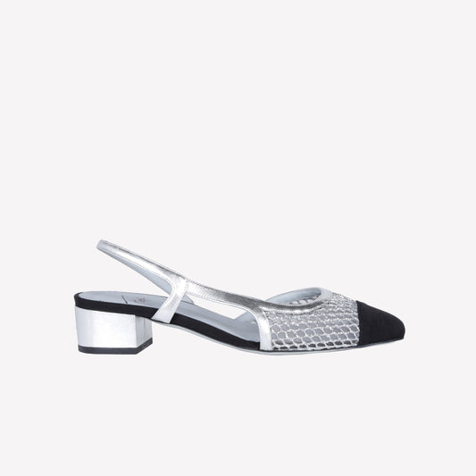 SLINGBACK IN RETE GLITTERATA SILVER CON RETE TULLE NINFA - Prodotti | Roberto Festa
