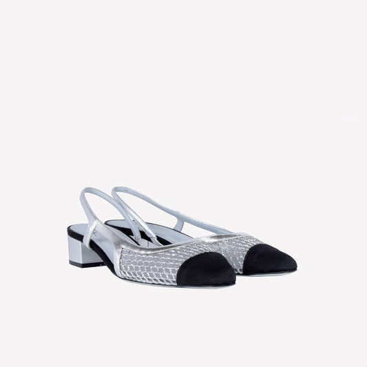 SLINGBACK IN RETE GLITTERATA SILVER CON RETE TULLE NINFA - Prodotti | Roberto Festa