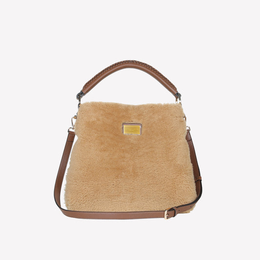 BORSA A SPALLA IN MONTONE COLOR TEDDY CON MANICO IN PELLE CUOIO PANDA - Marrone | Roberto Festa