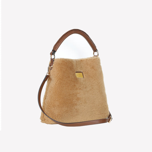 BORSA A SPALLA IN MONTONE COLOR TEDDY CON MANICO IN PELLE CUOIO PANDA - Marrone | Roberto Festa