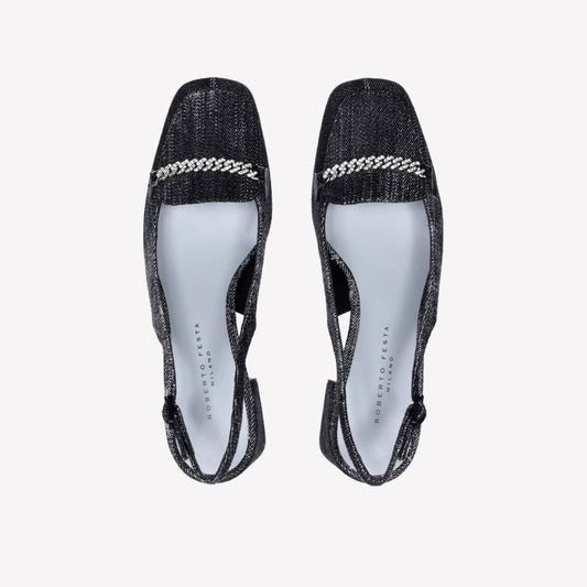 SLINGBACK IN JEANS CON PUNTA SQUADRATA E MORSETTO DI CRISTALLI RAINALUX - Nero | Roberto Festa