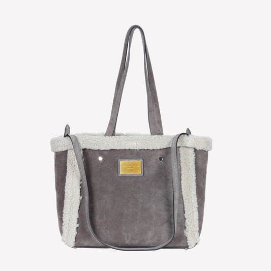 BORSA SHOPPING IN CAMOSCIO LIGHT FANGO CON RIPORTI IN MONTONE TAUPE RAISSA - Grigio | Roberto Festa