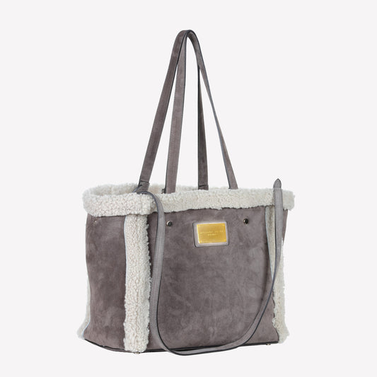 BORSA SHOPPING IN CAMOSCIO LIGHT FANGO CON RIPORTI IN MONTONE TAUPE RAISSA - Grigio | Roberto Festa